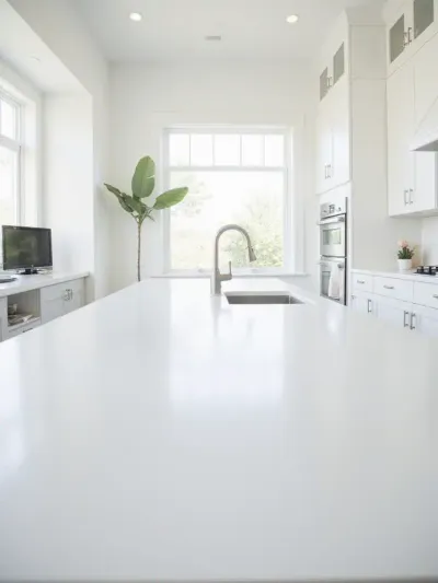 Minimalist kitchen with white cabinets and seamless white solid surface countertops