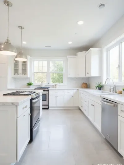 Bright white kitchen with white cabinets and white marble countertop