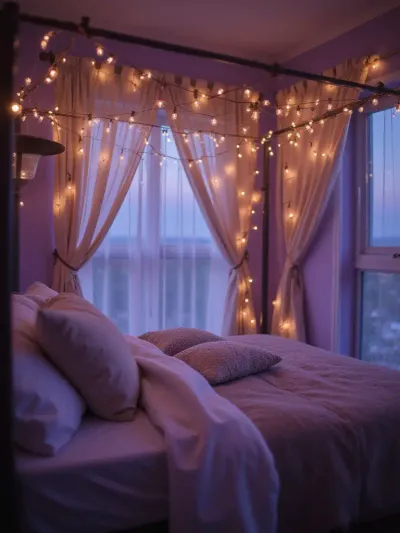 Bedroom with string lights draped across a four-poster bed creating a romantic ambiance