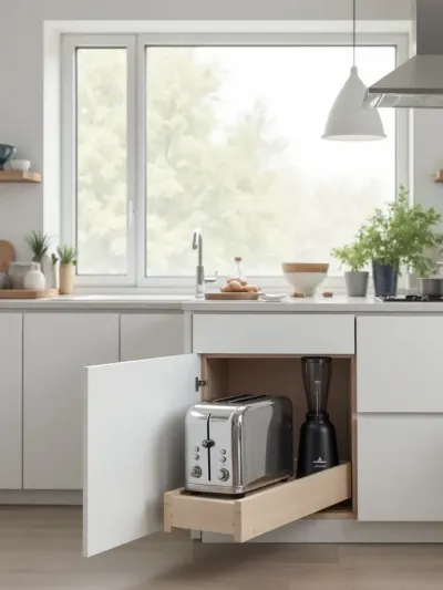 White kitchen with appliance garage concealing toaster and blender, maximizing counter space.