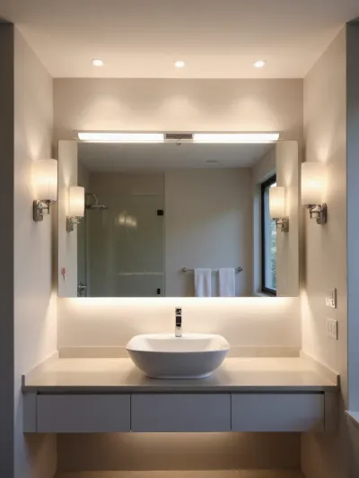 Modern bathroom with layered lighting: over mirror light, recessed lighting, wall sconces, and under cabinet lighting.