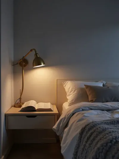 Modern bedroom with wall-mounted adjustable reading lamp illuminating a book on the nightstand.