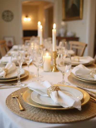 Elegant dining room table setting with white linen tablecloth, gold-rimmed china, woven placemats, and gold napkin rings.