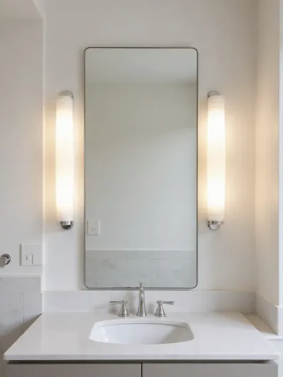 Modern bathroom vanity with balanced over-mirror lighting from sconces