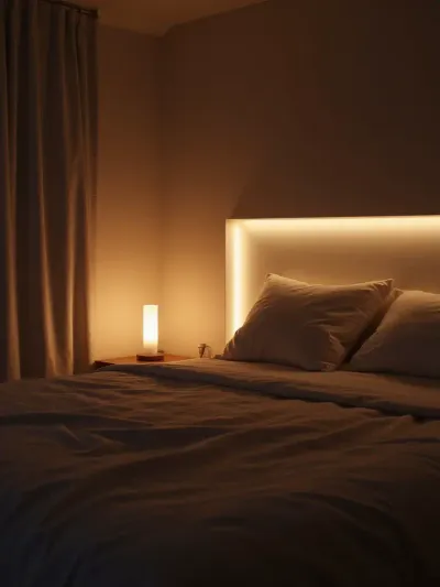 Modern bedroom with smart lighting, creating a relaxing and warm ambiance