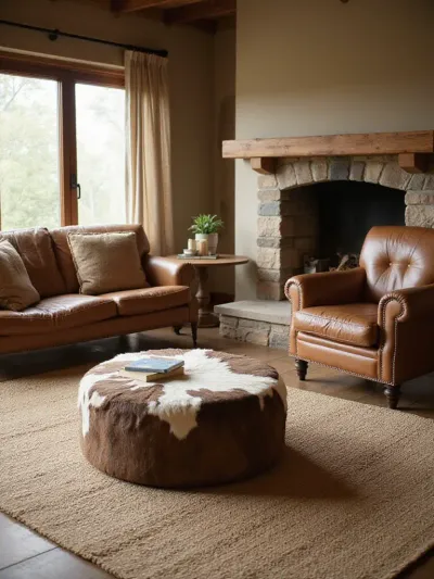 Rustic living room featuring a round cowhide ottoman, leather armchairs, and a jute rug.