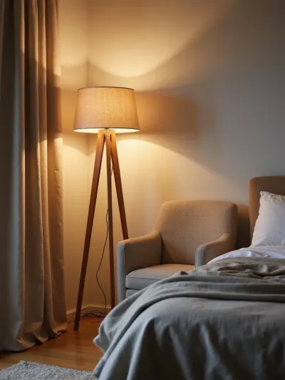 Elegant floor lamp illuminating a cozy corner in a modern bedroom.