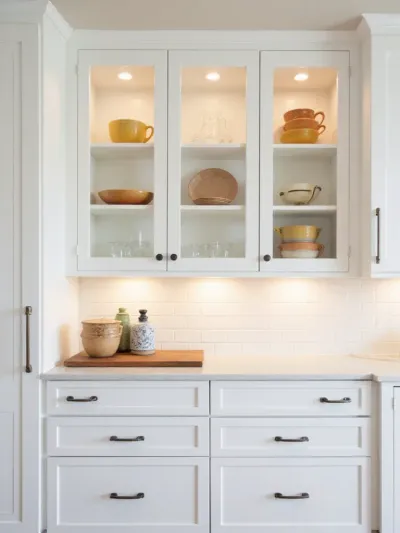 Modern kitchen with white shaker cabinets and glass-front cabinets displaying colorful dishware.