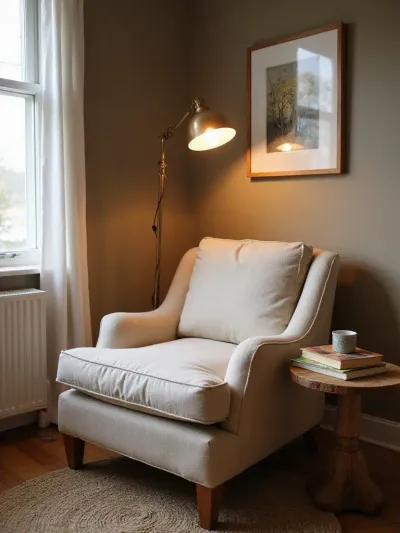 Rustic armchair with linen upholstery in a cozy reading nook