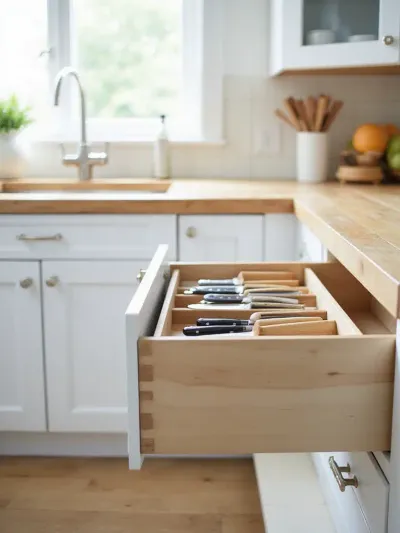 In-drawer knife block with knives in a small kitchen drawer.