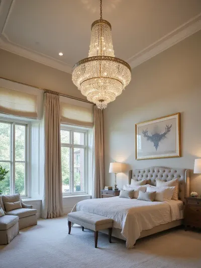 Luxurious bedroom with a dramatic crystal chandelier