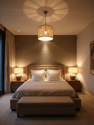 Bedroom with layered lighting including ambient, task, and accent lights for a balanced and inviting atmosphere.