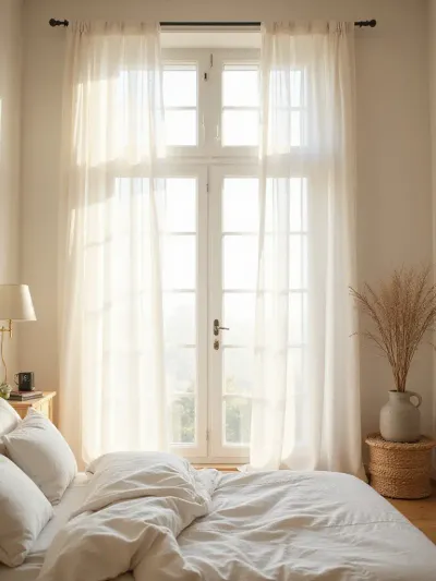 Bedroom with sheer linen curtains allowing natural light to fill the room