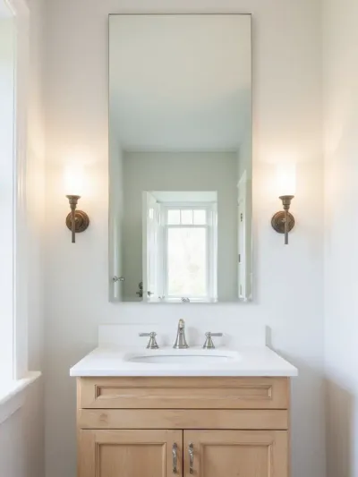 Bathroom with sconces flanking a large mirror, reflecting light and brightening the space.