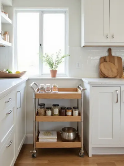 Small kitchen with a rolling kitchen cart providing extra storage and workspace.