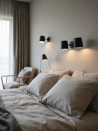 Modern bedroom with space-saving wall sconces instead of bedside tables.