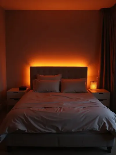 Bedroom with warm orange LED strip lighting behind the headboard creating a cozy atmosphere.