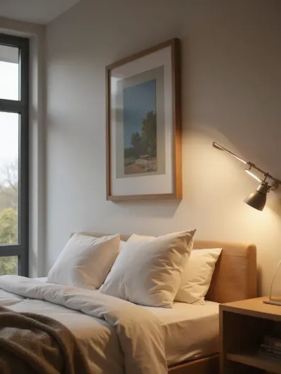 Bedroom with artwork illuminated by a sleek picture light