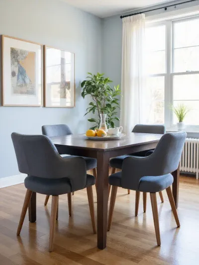 Dining room featuring a dark wood table surrounded by comfortable and stylish upholstered chairs.