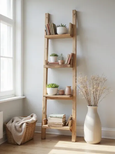 Rustic wooden ladder shelf displaying books, plants, and décor in a cozy living room.