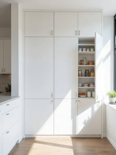 Tall white pantry cabinet in modern kitchen, maximizing storage space.