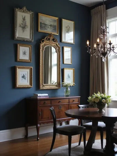 Dining room with blue art gallery wall and gold framed mirror