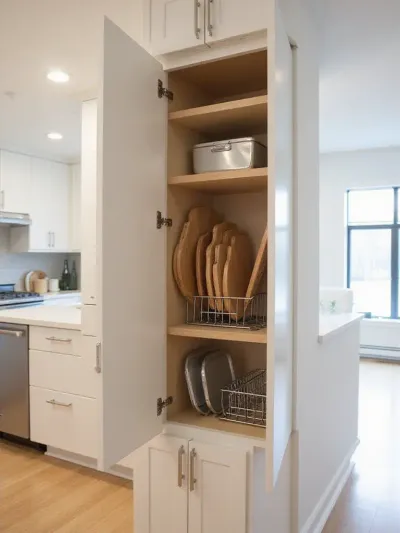 Cutting boards and baking sheets organized vertically in a kitchen cabinet.