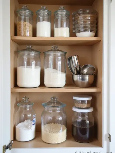 Organized baking station in a kitchen cabinet with clear containers and baking tools.
