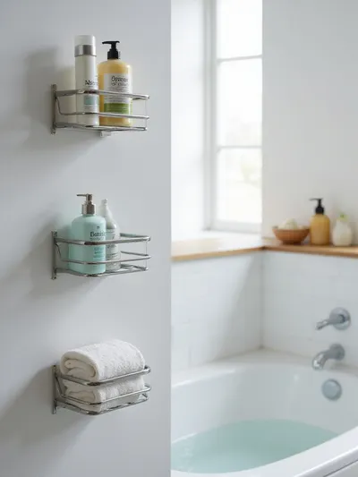 Modern bathroom featuring adhesive shower caddies filled with personal care products.