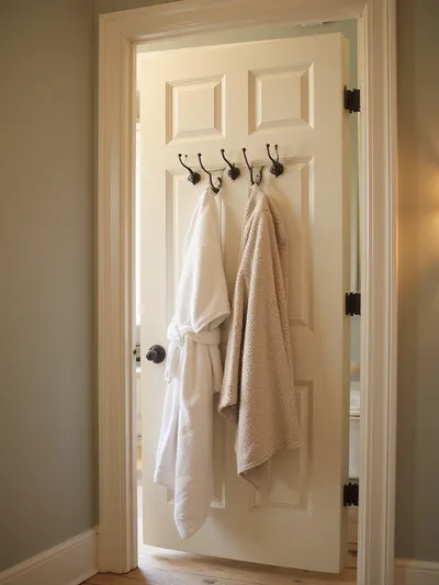 Stylish bathroom door with robe hooks for towel storage