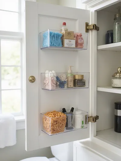Organized bathroom cabinet showing back-of-cabinet door bins filled with small essentials