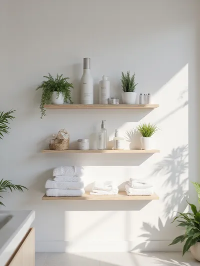Stylish bathroom with floating shelves displaying toiletries and decorative items