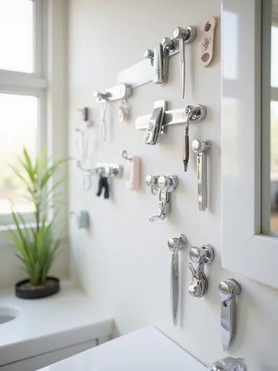 Magnetic strips installed in a bathroom holding metal beauty tools.