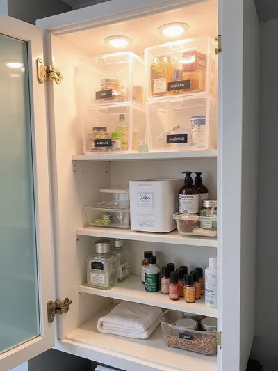 Organized medicine cabinet with clear bins and labeled sections
