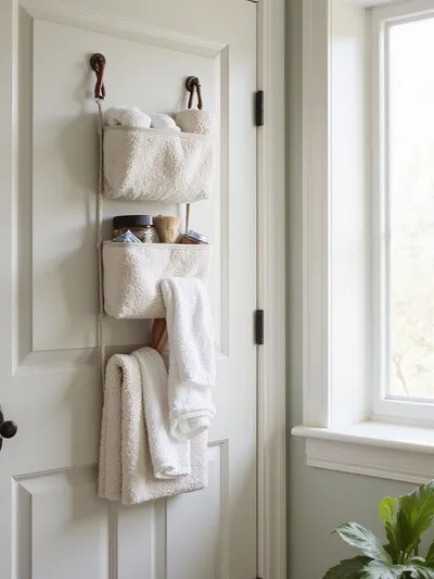 Over-the-door organizer filled with towels and tools on a bathroom door