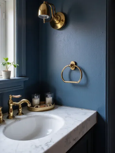 Luxurious bathroom featuring deep navy blue wallpaper and polished brass fixtures.
