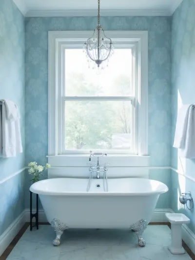 Elegant bathroom with soft blue wallpaper and natural light.