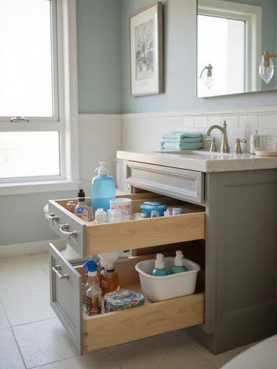 A small bathroom vanity with pull-out organizers displaying organized toiletries.
