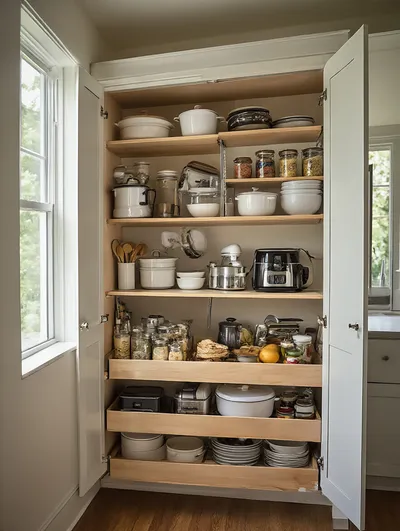 Organized kitchen cabinet showcasing cookware and pantry items