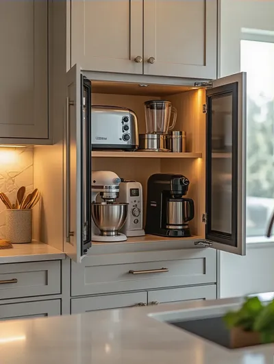 Dedicated small appliance garage in modern kitchen cabinets with organized appliances