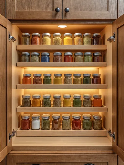 Organized kitchen cabinet with expandable tiered step risers displaying various spice jars