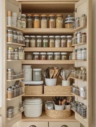 Organized kitchen cabinet with grouped similar items for easy access