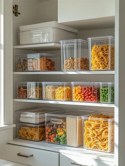 Well-organized kitchen cabinet with clear storage bins showcasing various ingredients.