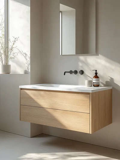 Minimalist bathroom with a sleek floating vanity mounted on the wall and open floor space beneath