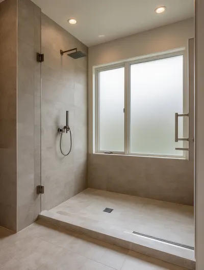 Minimalist bathroom with a curbless shower featuring large format tiles and a linear drain, creating a seamless and open look