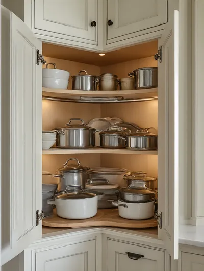 D-shaped lazy susan in a corner cabinet filled with pots and kitchen items