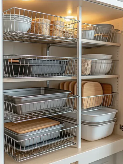 Organized kitchen cabinet with upright wire dividers storing bakeware