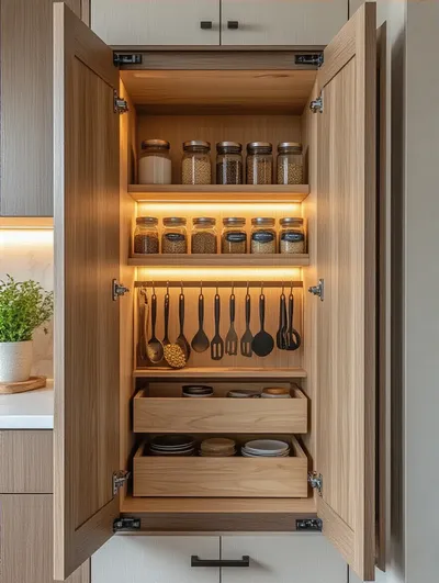 Interior of a kitchen cabinet door with organized storage racks for spices and kitchen tools.