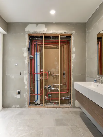 Vertical photo of a bathroom with drywall removed revealing exposed PEX plumbing, copper pipes and organized electrical wiring highlighting a pre-renovation assessment for efficiency