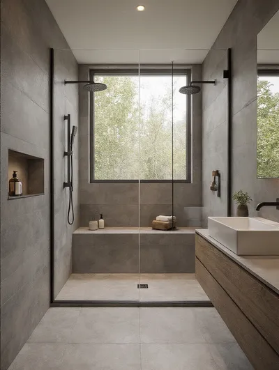Modern bathroom converted from tub to spacious walk-in shower with frameless glass and tiled bench
